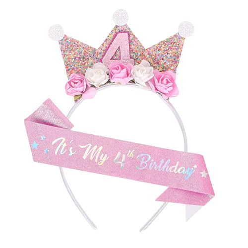 FloralGrace Corona di Compleanno e Cintura 4 Anni per Ragazza, Multicolore, XL