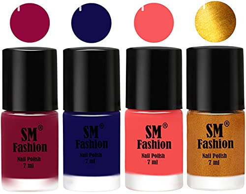 Image of Nail Polish Combo Set (Pack of 4) Quick Dry Gel Finish Nail Paint | Cherry Blossom,Dark Blue,Light Pink,Golden | 7 ml Each