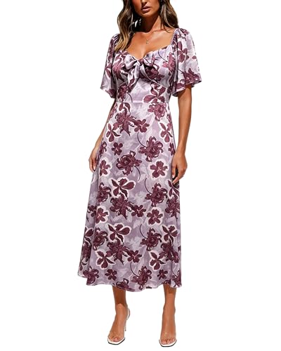 Image of Fashionme Womens Dresses 2026 Maxi Dresses Deep V Neck Elegant Bow Tie Front Cap Sleeve Summer Floral Satin Smocked Dress