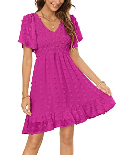 Image of Annebouti Womens 2025 Spring Summer Mini Smocked Swiss Dot Dresses Short Sleeve Babydoll Casual Dress