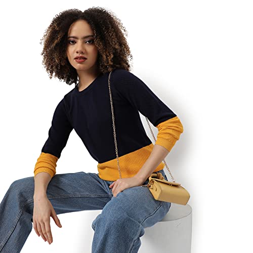 Image of Campus Sutra Women Black & Yellow Colour-Blocked Regular Fit Sweater for Winter Wear | Round Neck | Full Sleeve | Woolen Sweater | Casual Jacket for Woman & Girl | Western Stylish Jacket for Women
