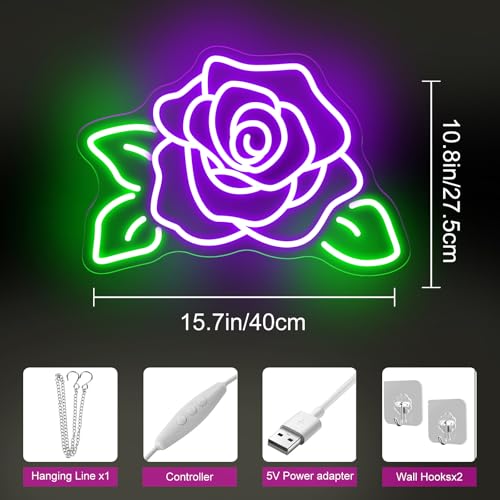 Image of Rose Flower Neon Light Signs for Wall Flower Shop Window, Room, Cafe Art Decorative Lady Gift Wedding Bachelorette Party Bridal Banquet Background Decor Sign, 15.7 inchx10.8 inch, Purple