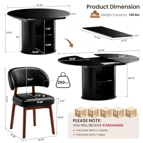 Image of MALOL 47 inch-63 inch Extendable Round to Oval Dining Table Chairs Set for 4-8, Modern Wooden Kitchen Table and Chairs with Hidden Storage and Fluted Design for Dining Room /Small Space(Black)