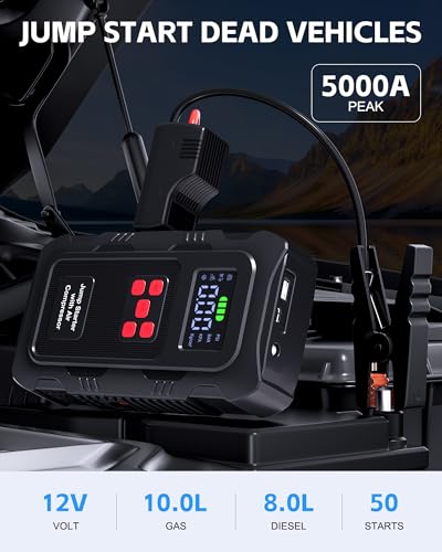 Image of 5000A Jump Starter with Air Compressor, Portable Car Battery Jump Starter with 150 PSI Tire Inflator for Up to 10.0L Gas and 8.0L Diesel Engines, 12V Jump Box with LCD Display