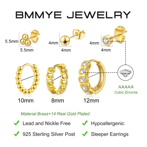 Bmmye Small Gold Stud Earrings For Women Cartilage Tiny Sleeper Earrings 6 Pairs Gold Huggie Hoop Earrings Hypoallergenic Mini Gold Hoops 14K Gold Stud Earrings Set For Multiple Piercing #TOP4