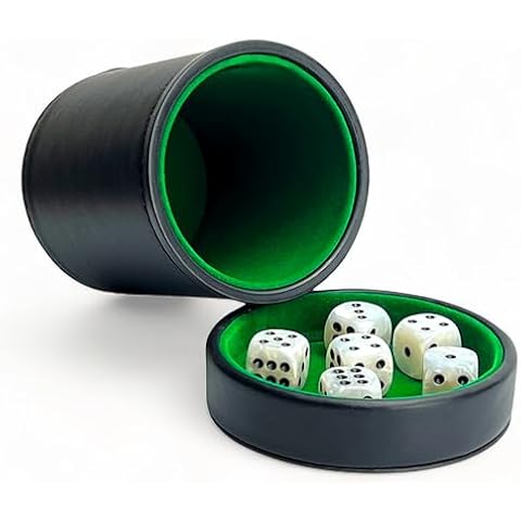 Luck Lab Black Leather Dice Cup with Lid Including 6 Matching Pearl Dice - Green Velvet Interior for Quiet Shaking - Use for Liars Dice Farkle Yahtzee Board Games Cover