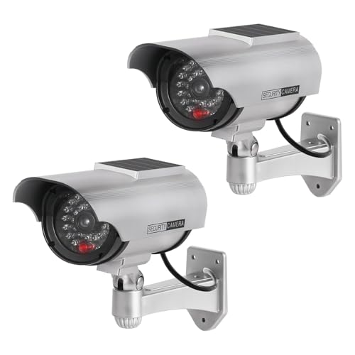 ERWEY 2 Stück Solar Dummy Kamera Fake Überwachungskamera CCTV mit Blinkendem LED Licht Sicherheitskamera für Innen- und Außenbereich, Silber