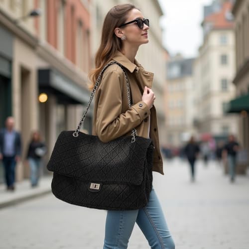 Image of M-ioi-M Extra Large Quilted Denim Purse,Oversize Shoulder Bags for Women, Crossbody Flap Hobo Tote Bag,Chain Strap Jean Purse