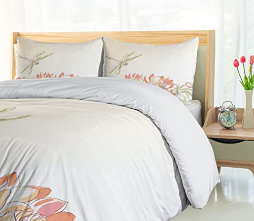 Ambesonne Dragonfly Duvet Cover Set, Lotus Flower Field Winged Bug Flying Oriental Blooms Print, Decorative 3 Piece Bedding Set With 2 Pillow Shams, Queen Size, Cream Peach Coral #TOP3