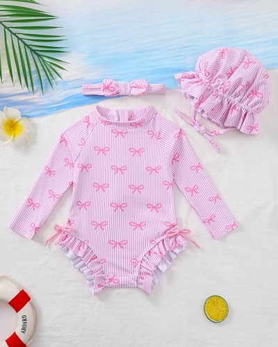 Image of Renotemy Baby Girls Swimsuit Drawstring Zip Bathing Suit Long Sleeve One-Piece Rash Guard Swimwear with Hat for Infant Girl