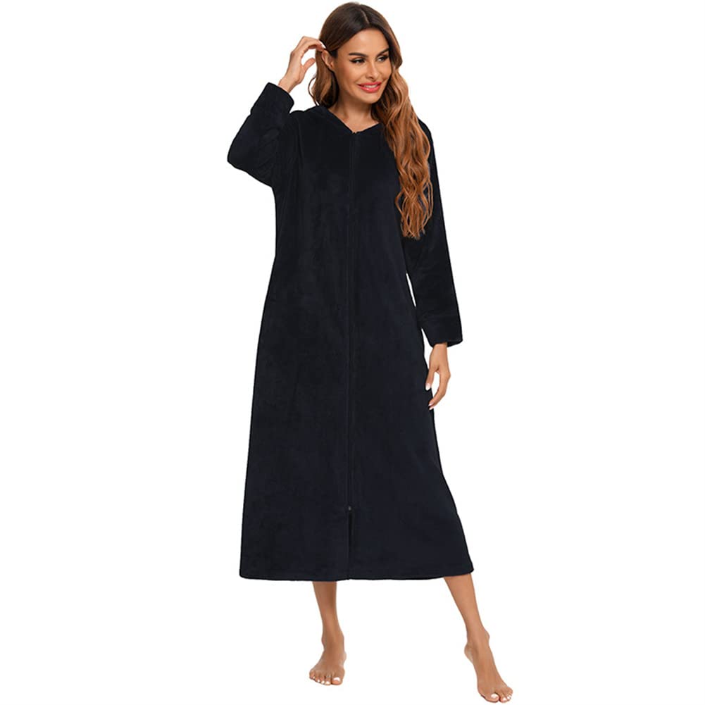Damen Langer Warmer Bademantel Reißverschluss Fleece Plüsch Nachtwäsche Weich Casual Hauskleidung