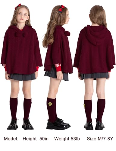 Image of BOBOYOYO Cape for Girls Hooded Cable Knit Poncho Sweaters Kids Shawl