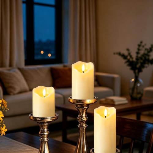 Image of VIEWELLD Flickering Flameless Candles with Remote and Timer, Realistic LED Candles, Battery Operated Candles for Christmas Home Wedding Birthday Decoration, Real Wax Set of 3(Ivory White)