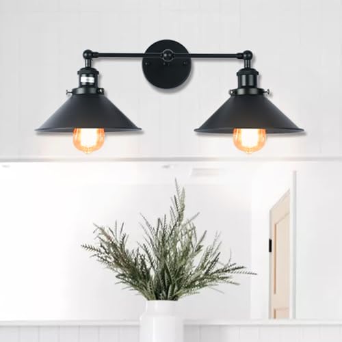 LMSOD Bathroom Vanity Light, Vintage Industrial Black Wall Sconce Metal Lighting Fixture with Metal Shade (2 Lights)