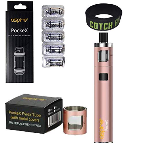Aspire PockeX Kit + Pack of 5 0.6ohm Coils + Replacement Glass Metal Sleeve Cover Set 2ml E-Cigarette AIO Starter Vape Mod (Rose Gold)