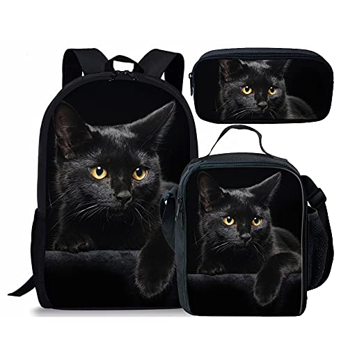 Beginterest Black Cat Backpack Set Durable Boys Girls School Bags Bookbags with Lunch Box Pencil Bags