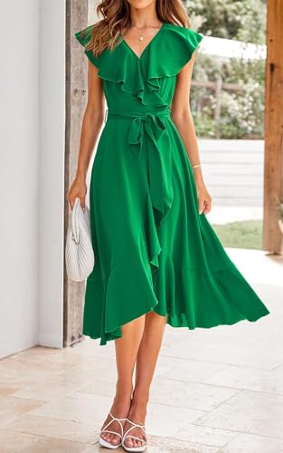 Image of PRETTYGARDEN Women's 2023 Summer Wrap Maxi Dress Casual Boho Deep V Neck Short Sleeve Ruffle Hem Split Beach Long Dresses