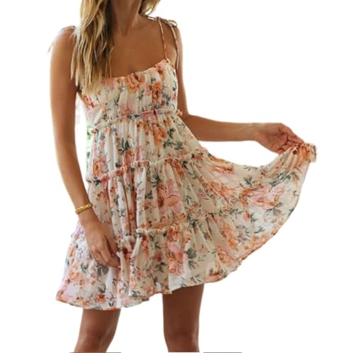 Vestido de verano 2025, estilo bohemio, con tirantes delgados, sin mangas, con volantes, vestido de playa, mini vestido floral para mujer, Blanco-a, M