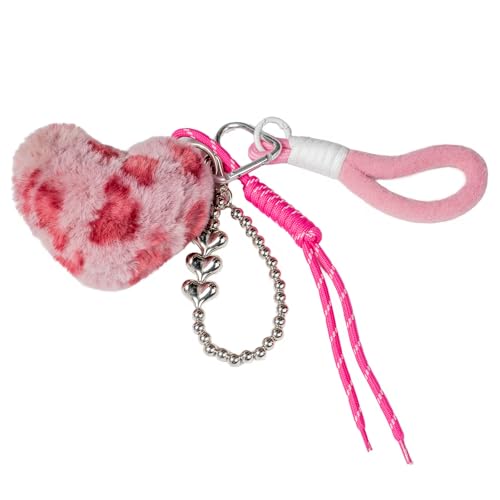 Y2K Heart Charm Leopard Keychains for Women and Girls - Fuzzy Animal Keychain Puffball, Purse Charms Kit, Accessories for Backpacks, Purses, and Handbags