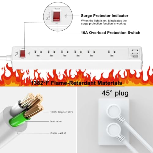 Image of 10Ft Power Strip Surge Protector - Nuetsa Extension Cord with 6 AC Outlets and 3 USB Ports for Home, Office, Dorm Essentials, 1680 Joules, ETL Listed, White