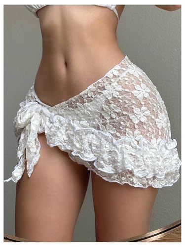 WDIRARA Women's Floral Lace Self Tie Beach Skirt Mesh Sheer Swimsuit Cover Up4