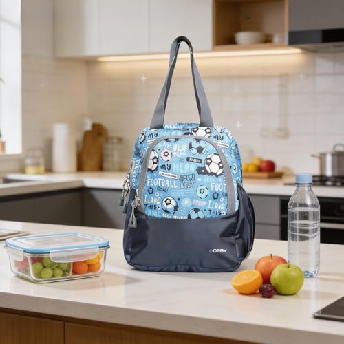 Image of ORBY Lunch Bag Football Game Navy Blue | Water-Repellent Durable Fabric | Tiffin Bag with Bottle Holder & Front Pocket | Strong Zipper & Spacious Meal Storage (Football Pattern, Navy Blue)