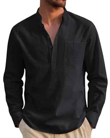 J.VER Hemd Herren Baumwolle leinenhemd Henley Shirt Langarm in Regular Fit Atmungsaktives Freizeithemd mit Tasche für Sommer und Urlaub