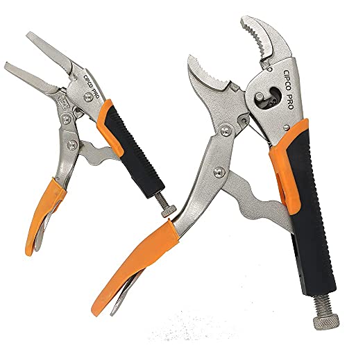 CIPCO PRO TOOL 6-Inch Long-nose Locking Plier + 10-Inch Adjustable Curved Jaw Locking Plier with Wire Cutter, Locking Pliers Set, Fast Release Design, CRV Steel