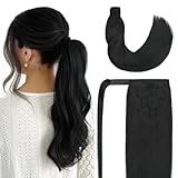 Amygirl Ponytail Extension Human Hair 14 Inch Natural Black Silky Straight Clip in Pony Tails Hair Extensions Real Hair Wrap Around Ponytail Hair Piece for Girls(14 Inch Natural Black #1B 75G)
