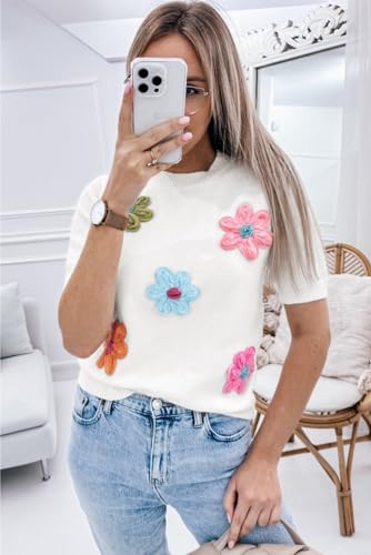 Breathable and Cozy White Short Sleeve Sweater with Floral Decoration2