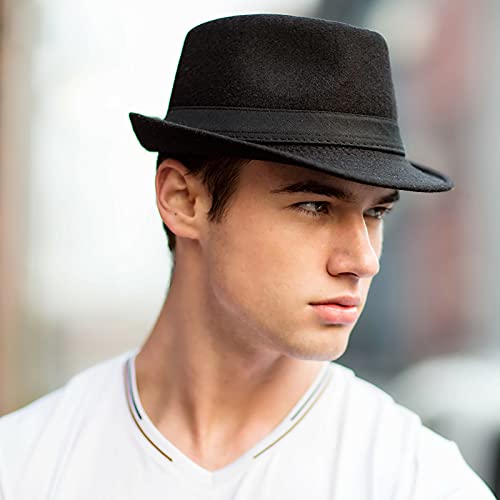 Herren-Mütze, klassisch, kariert, Manhattan, strukturiert, Gangster, Trilby, Fedora-Hut, kubanischer Stil, Derby-Mütze, Jazz-Mütze (Größe M-L/7 1/4), Schwarz, L