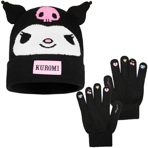 Hello Kitty Sanrio 2pcs Beanie, Gloves or 3pcs Hat, Gloves, Scarf Knit Set for Girls, Winter Gear, Kawaii Gifts for Girls (Black Kuromi 2 Pcs)