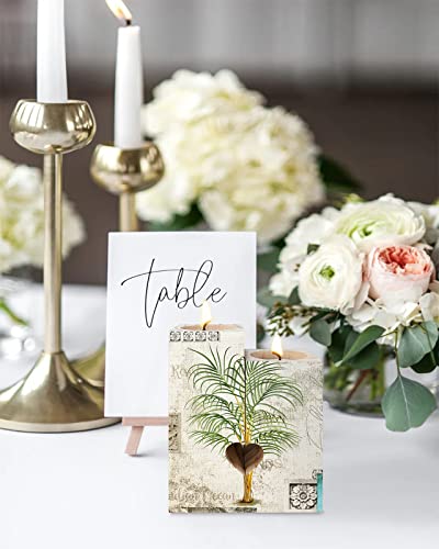 Retro Palm Tree Candle Holder With Tea Light,Vintage Wood Tealight Candle Stick Holder Pillar Centerpiece,Rustic Tropical Botanical Summer Beach Heart-Shaped Tall Wooden Candle Holders Decor Set #TOP3