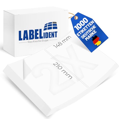 Labelident Laseretiketten selbstklebend auf DIN A4 Bogen - 210 x 148 mm - 1000 Universal Etiketten weiß, matt, 500 Blatt Papier Laserdrucker Etiketten, EBL210X148PP