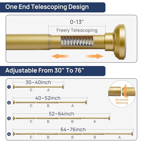 Image of ENJOYBASICS 1 inch Gold Shower Curtain Rod, 30-76 inch Adjustable, Secure Tension | Easy No-Drill Installation, No Tools, No Gaps, Sturdy Rust-Resistant Steel, Sag-Resistant Design, Tubs, RVs, Apartments