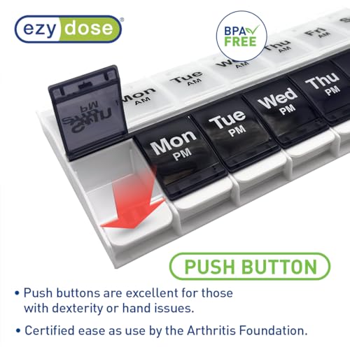 Image of Ezy Dose Weekly (7-Day) AM /PM Pill Organizer, X-Large Case, Black /White | Daily Vitamin Box & Supplement Planner, 2 Times a Day Push Button Compartments, Arthritis-Friendly, Travel-Friendly, BPA-Free