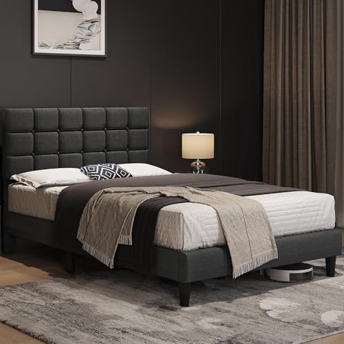Yaheetech Full Size Upholstered Tufted Bed Frame with Headboard, Dark Gray | Sturdy engineered wood frame with linen fabric upholstery features a soft tufted headboard for easy assembly and support - Image 4