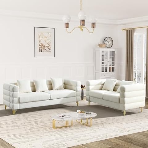 OUYESSIR Living Room Sofa Couch and Loveseat Set, Modern Comfy Boucle Sherpa Deep Seat Cloud Couch with 5 Pillows, Oversized Sofa Furniture Sets for Living Room Bedroom, White Teddy Cover