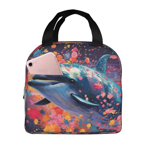 Wangxyozdp Bolsa de almuerzo aislada con estampado de delfines, flores, estrellas de mar, coral, conchas, para mujeres y hombres, con bolsillo frontal