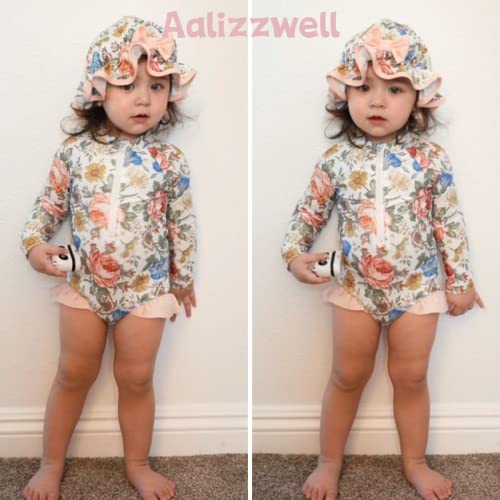 Image of Aalizzwell Baby Girls Long Sleeve One Piece Swimsuit with Hat