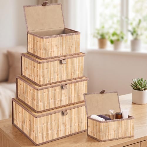 Newtay Set of 5 Large Bamboo Decorative Storage Boxes with Lids