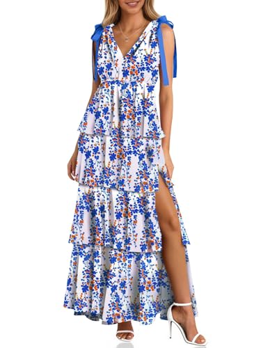 Image of Wenrine Womens Summer Floral Maxi Dress Tie Strap Sleeveless V Neck High Slit Boho Ruffle Tiered Beach Dresses