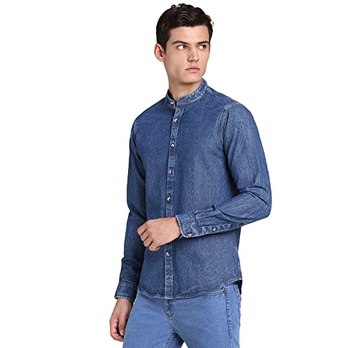Image of Dennis Lingo Men's Solid Denim Cotton Slim Fit Full Sleeve Mandarin Collar Casual Shirt