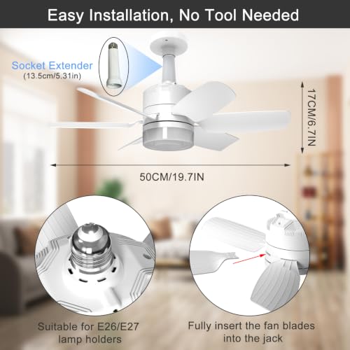 Image of 2-Pack Socket Fan Light with Remote, Ceiling Fan with Lights Dimmable, 3 Colors 3000K-6500K,Timer 2 /4 /6 /8H, 6 Speeds Quiet Screw in E26 /E27 LED Light Bulb for Bedroom Living Room Kitchen Garage Office