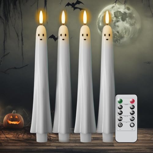 Halloween Ghost Flameless Taper Candles Flickering Battery Operated with Remote and Timer 3D Wick Long Lasting Real Wax LED Taper Candles Halloween Dinner Decoration (4PCS)