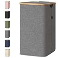BALEINE Laundry Hamper with Lid, Tall Laundry Baskets with Bamboo Pull Handles, Large Laundry Bin with Internal Support (26 Gal/100L, Grey)