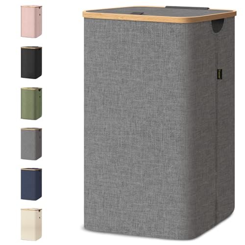 BALEINE Laundry Hamper with Lid, Tall Laundry Baskets with Bamboo Pull Handles, Large Laundry Bin with Internal Support (26 Gal/100L, Grey) 100 liters Grey