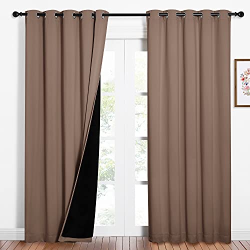 NICETOWN Warm Curtains for Winter, 100% Blackout Curtains Thermal, Noise Reduction and Privacy Curtains for Patio Door, Black Lined Blackout Drapes wi