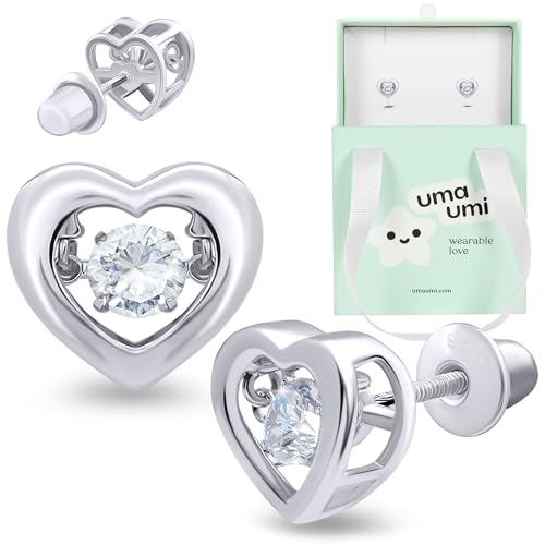 925 Sterling Silver Heart Dancing Stone Stud Earrings for Girls Hypoallergenic Safety Screw Back Rhodium Plated - Heart Stone Gifts Earrings for Baby Toddlers Little Teens Kids Jewelry