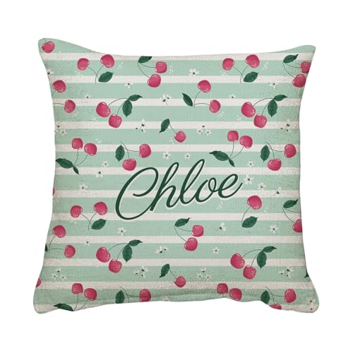 Getagift Personalised Fruits Patterns theme, Initial with Name, Alphabet Cushion, Home Décor, Linen Throw Pillow/Cushion. (Cherries, Linen Cushion Cover)